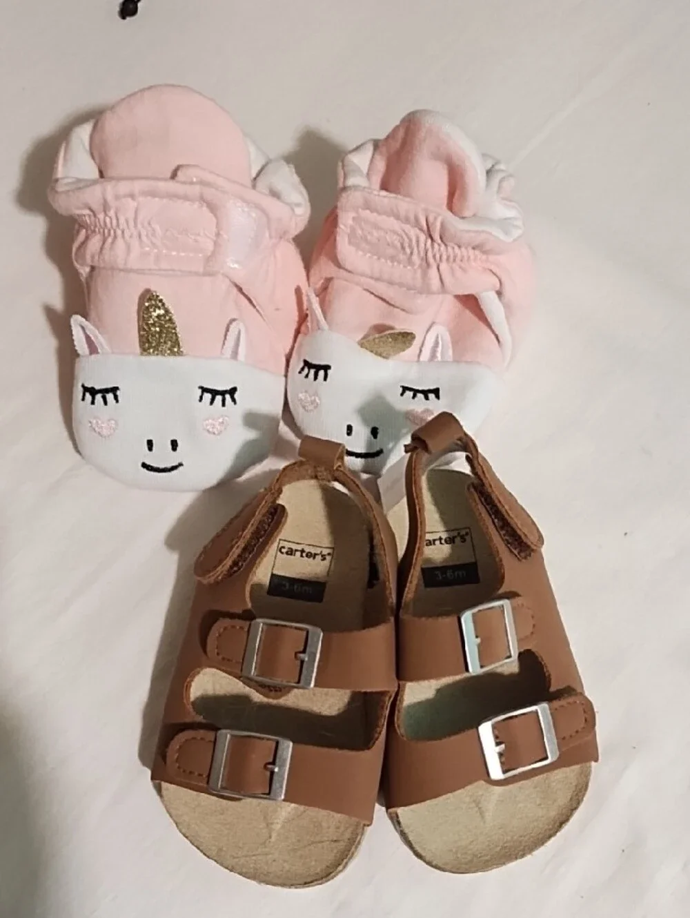 2 Pair Carter's Toddler Brown Buckle Sandals with Pink Unicorn Slippers EUC.